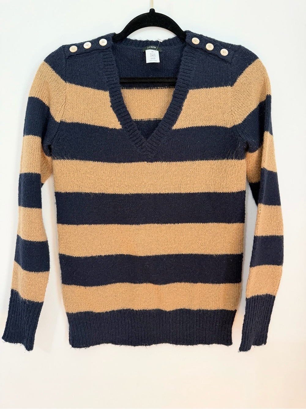 J Crew Sweater Women  Wool Brown Pullover Blue Striped V Neck mohair XS